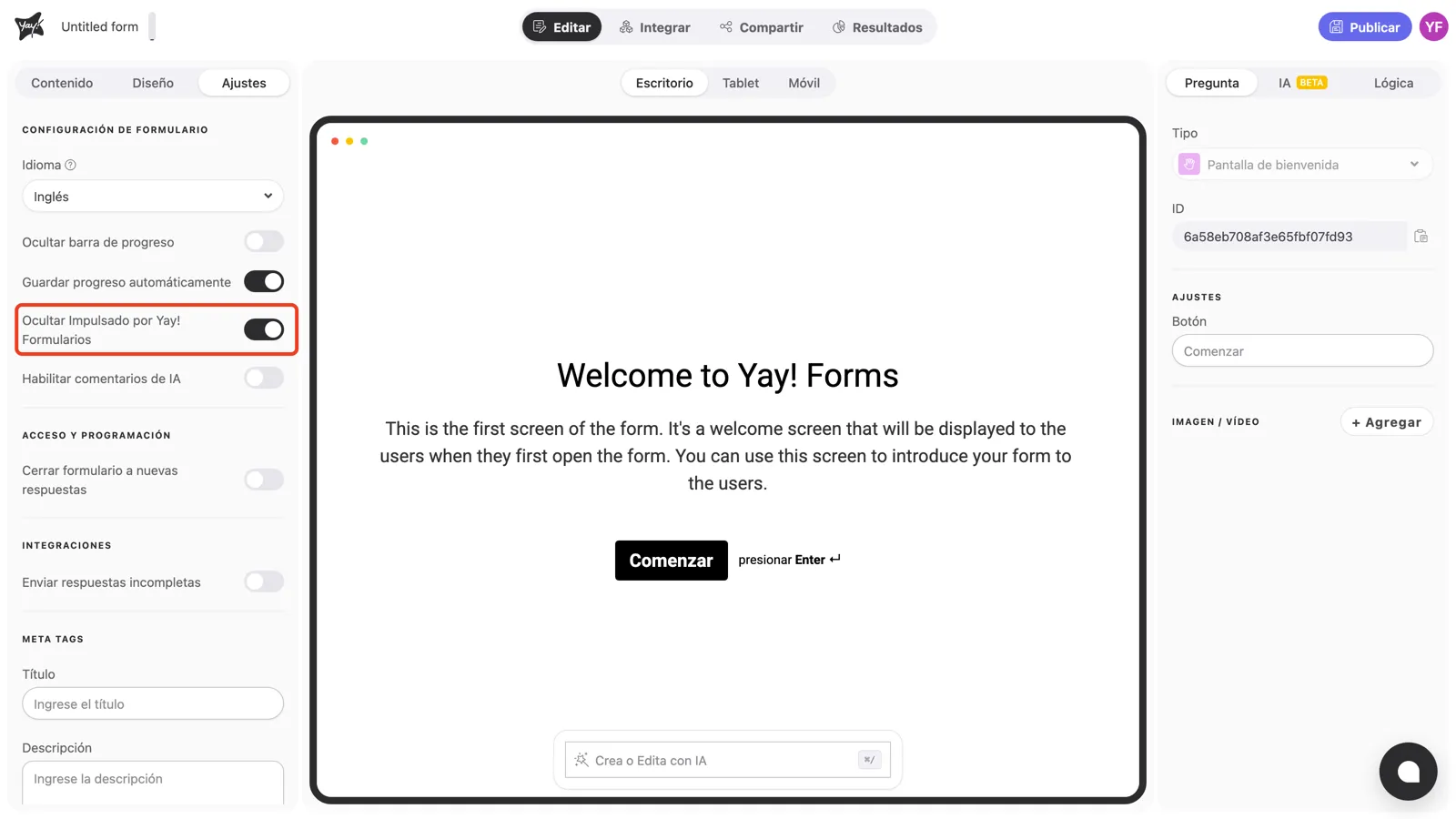El toggle Ocultar Impulsado por Yay! Formularios activado en la configuración del formulario