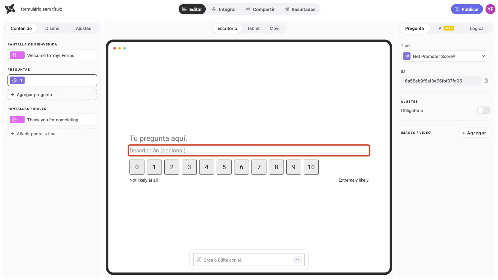 El campo opcional de descripción resaltado en el lienzo