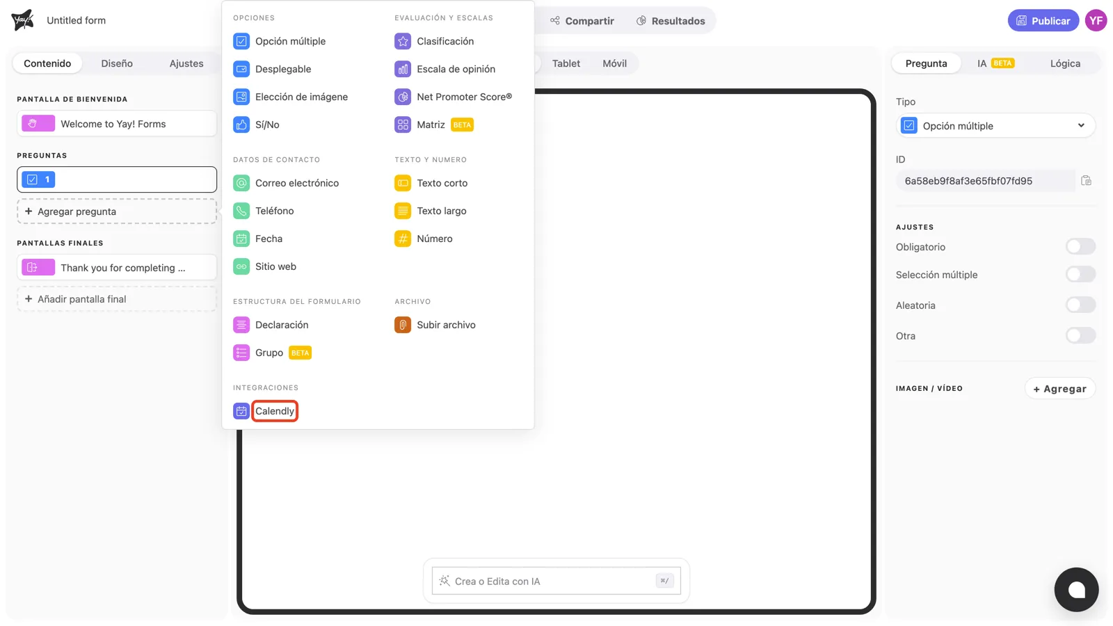El menú de tipos de pregunta con Calendly resaltado en la categoría Integraciones
