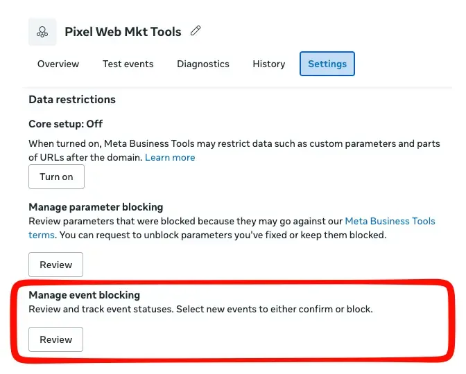 The Manage Event Blocking section in the pixel settings