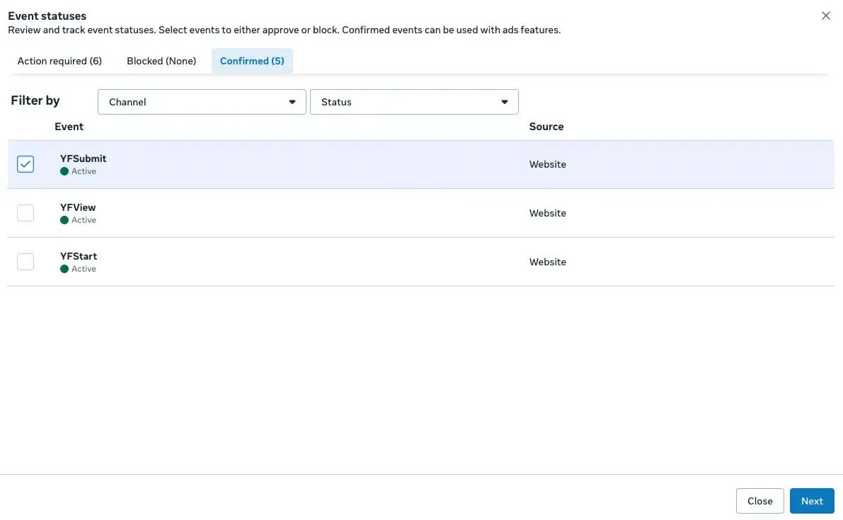 The list of blocked custom events