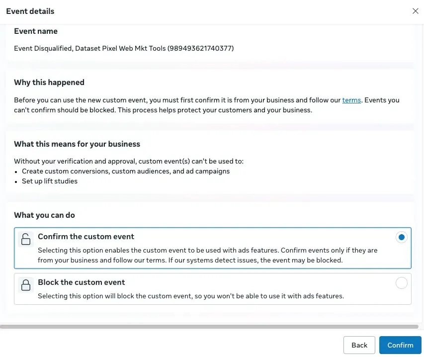 Confirming a custom event in its detail panel