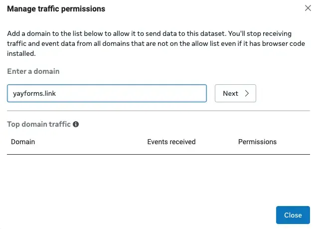 The Manage traffic permissions dialog with a domain entered