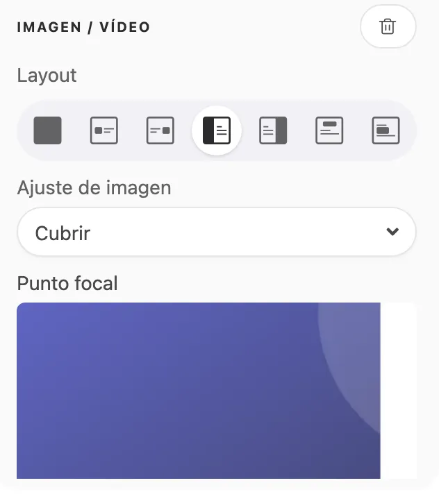 El panel IMAGEN / VÍDEO en Escritorio, con las 7 opciones de Layout, el selector Ajuste de imagen y el Punto focal