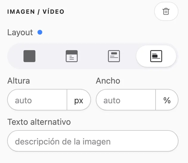 El panel IMAGEN / VÍDEO en modo Móvil, con las 4 opciones de Layout y los campos Altura, Ancho y Texto alternativo
