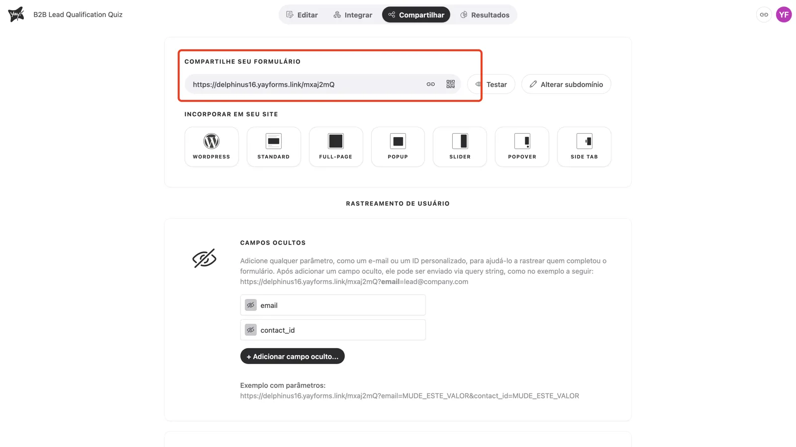 O link de compartilhamento com os ícones de copiar e QR code