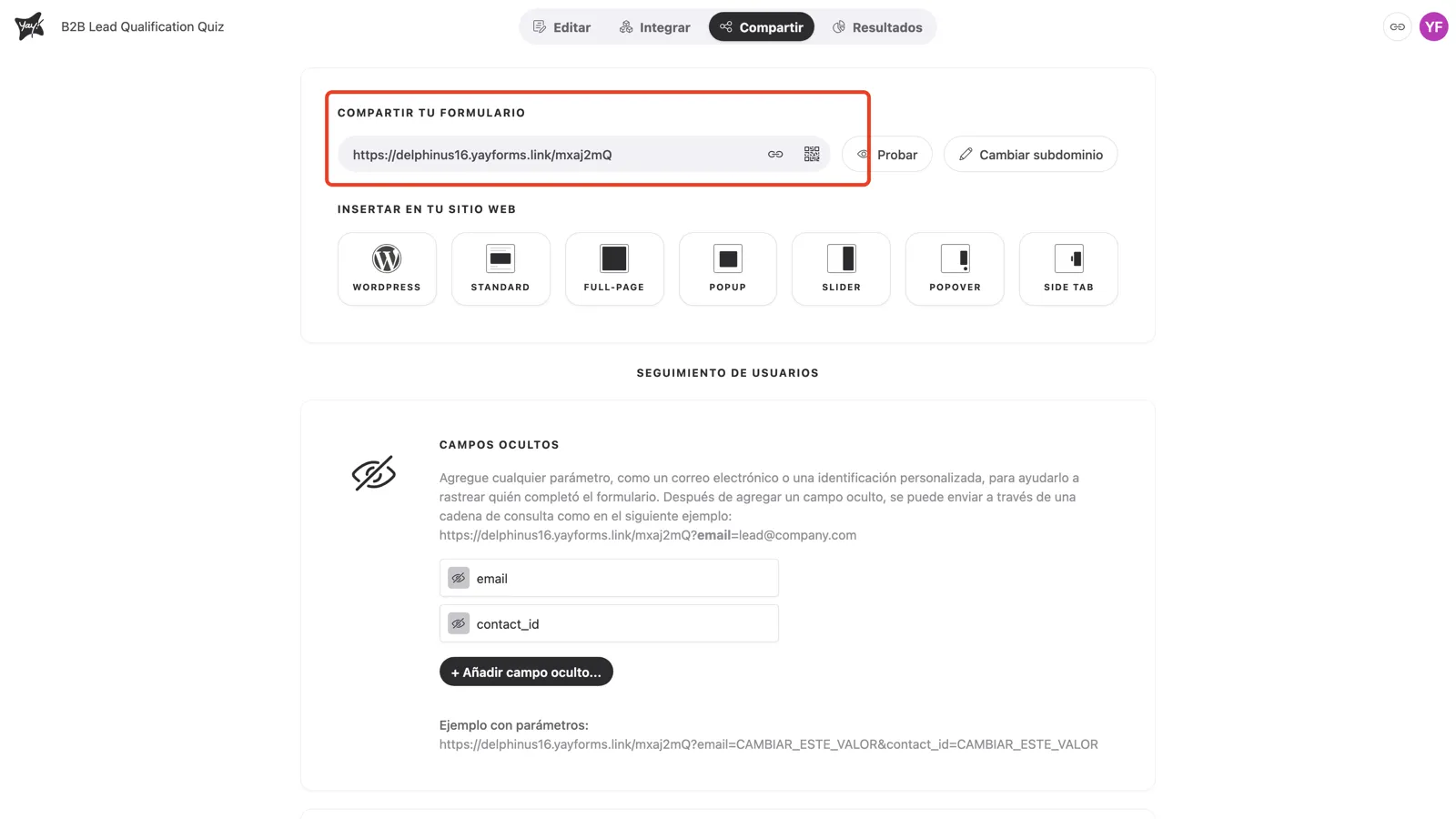 El enlace para compartir con los íconos de copiar y código QR