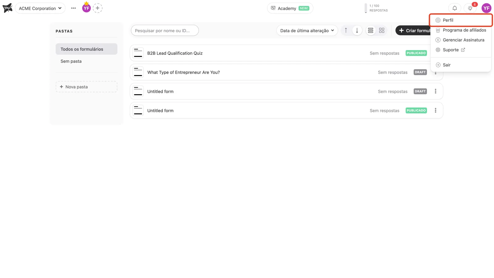 O menu da conta com Perfil selecionado