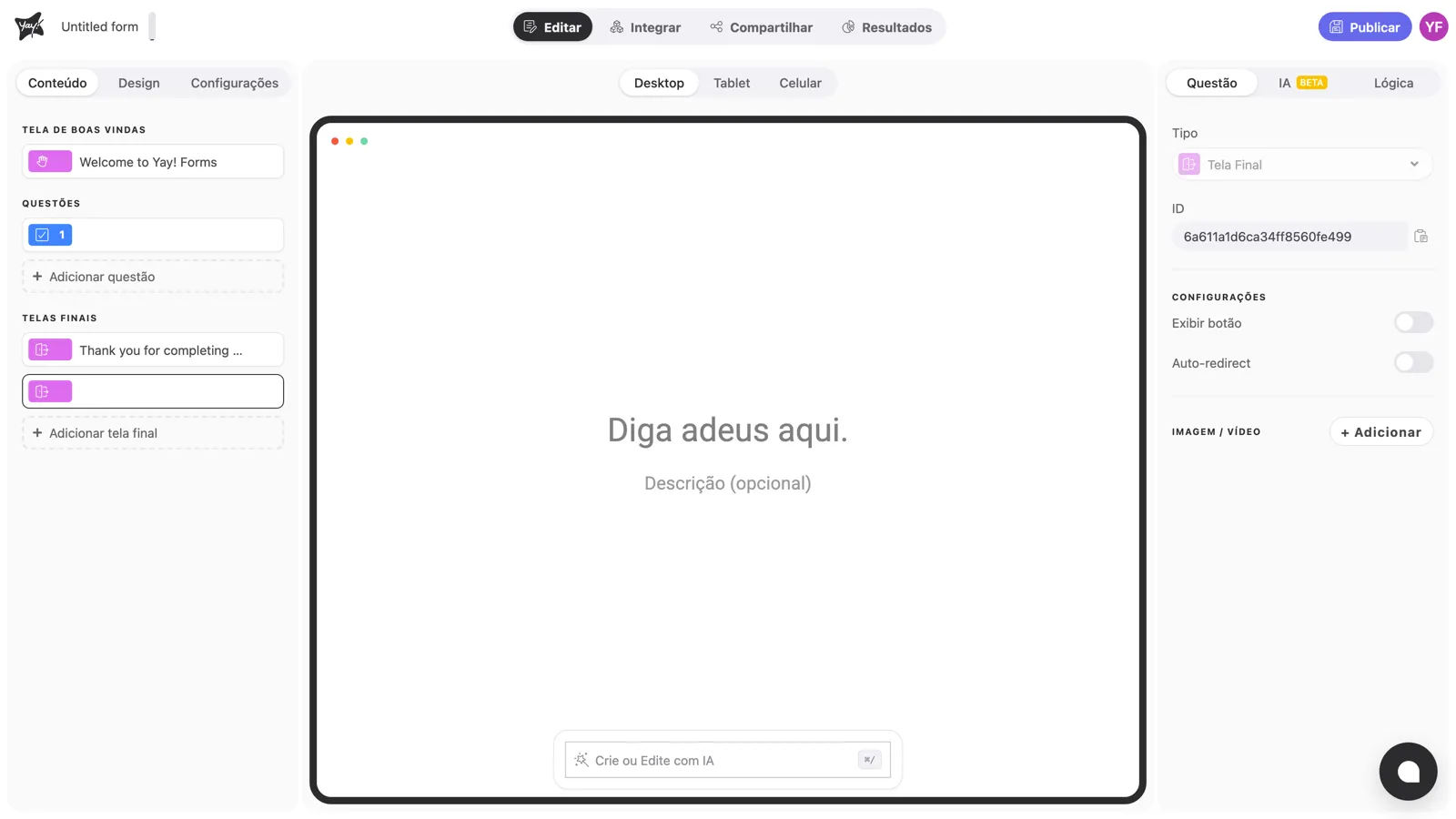A segunda tela final selecionada, com seu próprio painel de configurações
