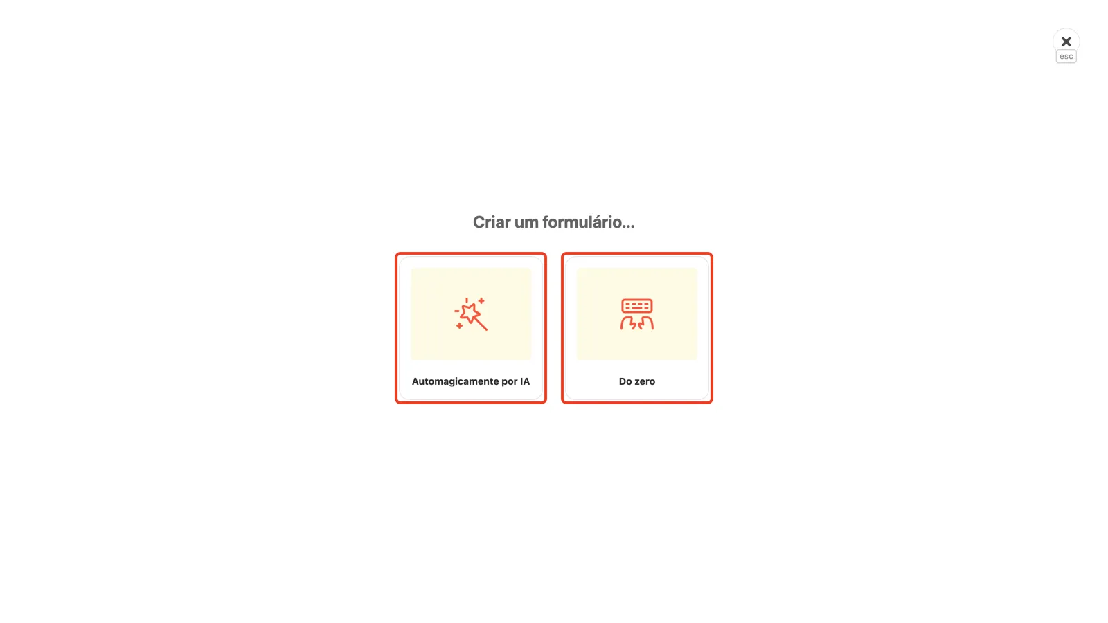 A janela de criação com as opções Do zero e Automagicamente por IA