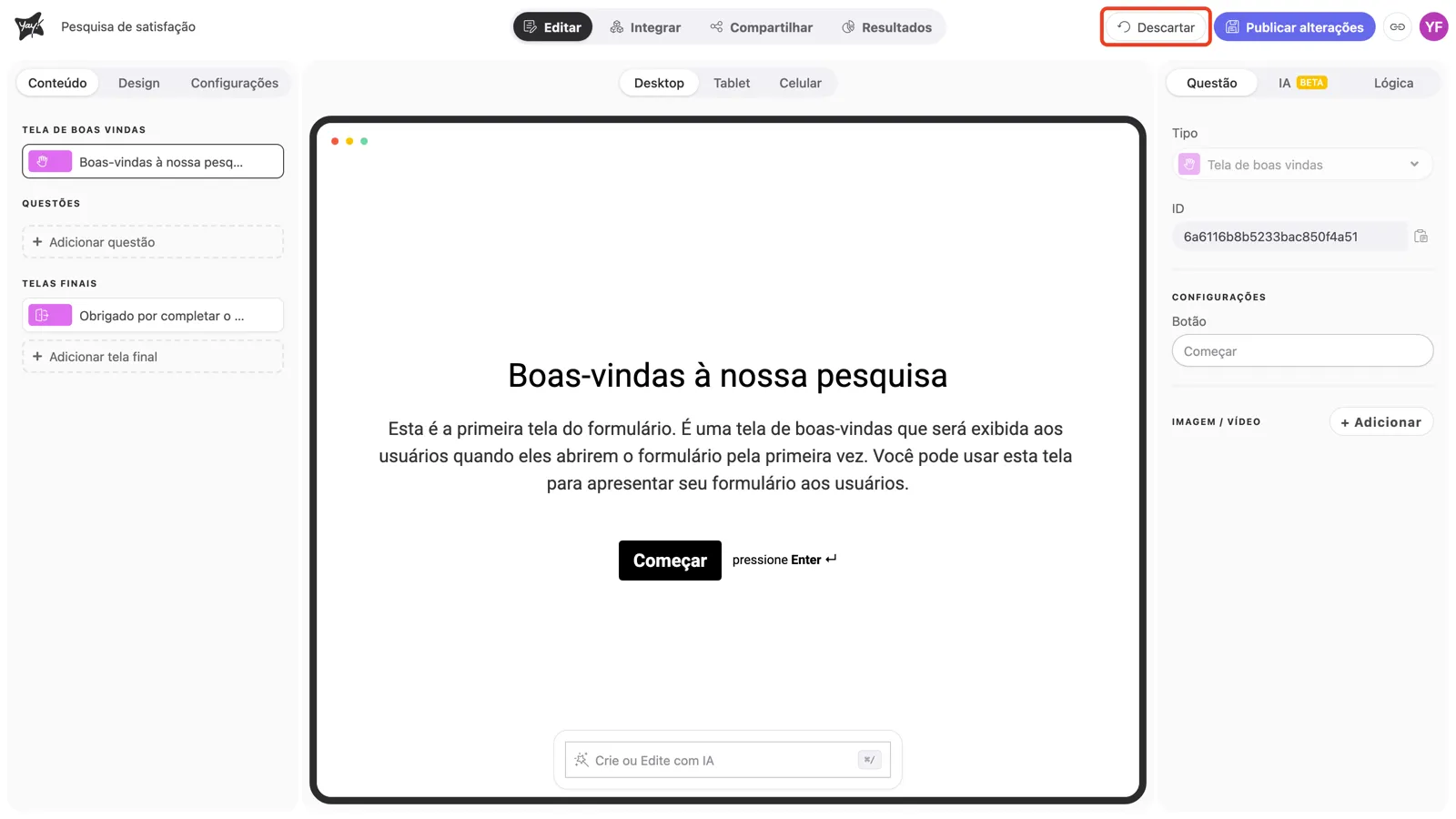 O botão Descartar em destaque no topo do editor, ao lado de Publicar alterações