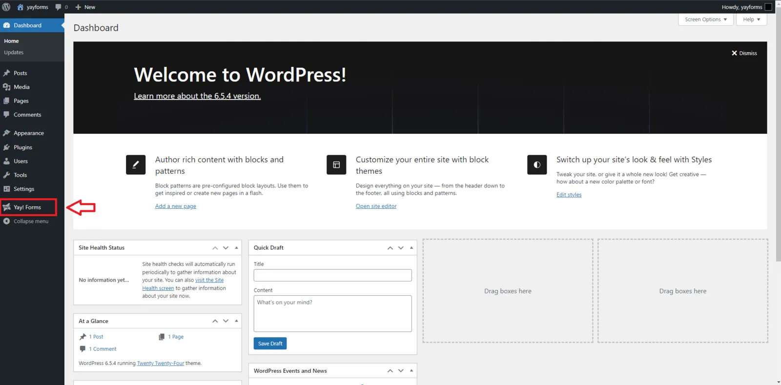 The Yay! Forms plugin activated in WordPress