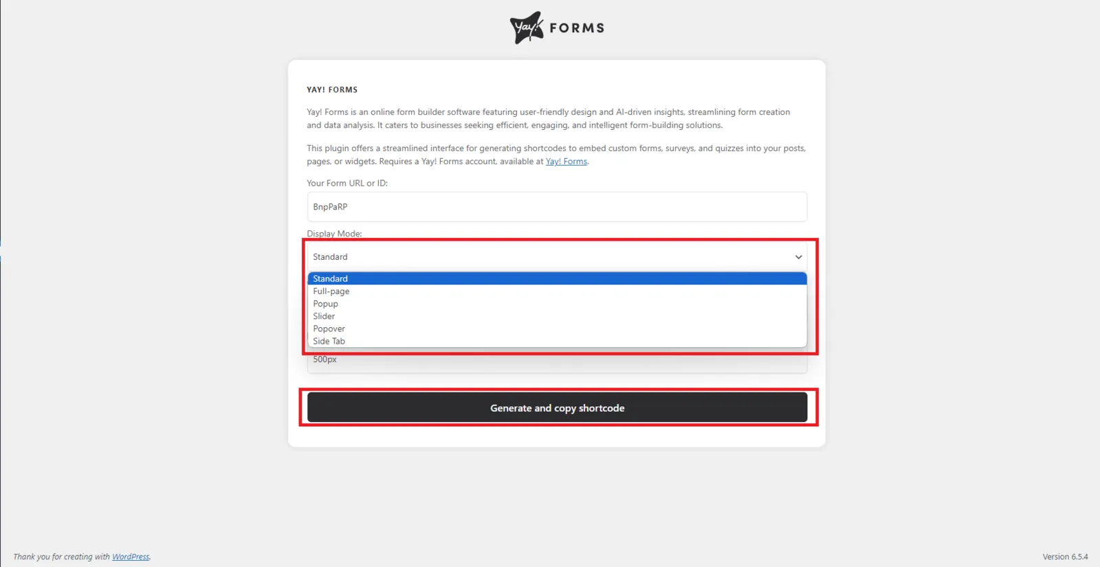 The Yay! Forms configuration screen in WordPress