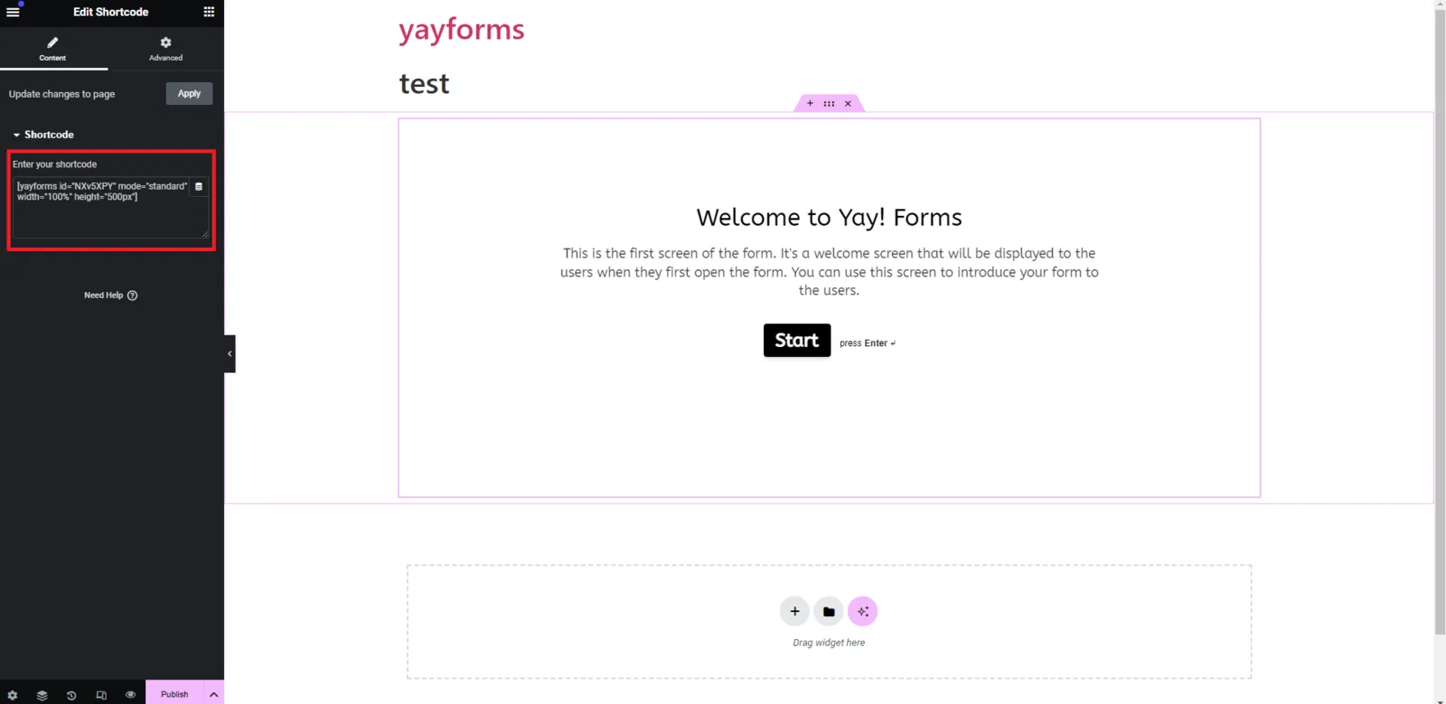 Pasting the shortcode into a WordPress page