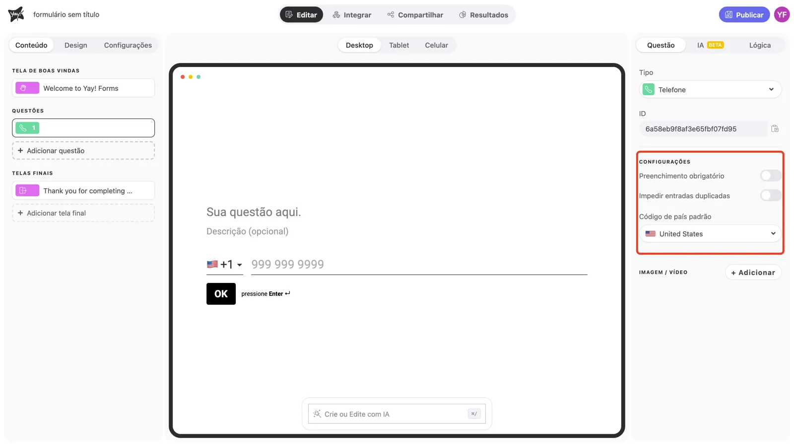 A seção Configurações do painel da pergunta em destaque