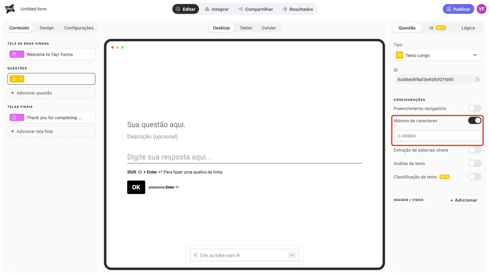 O toggle Máximo de caracteres ativado, com o campo de limite abaixo