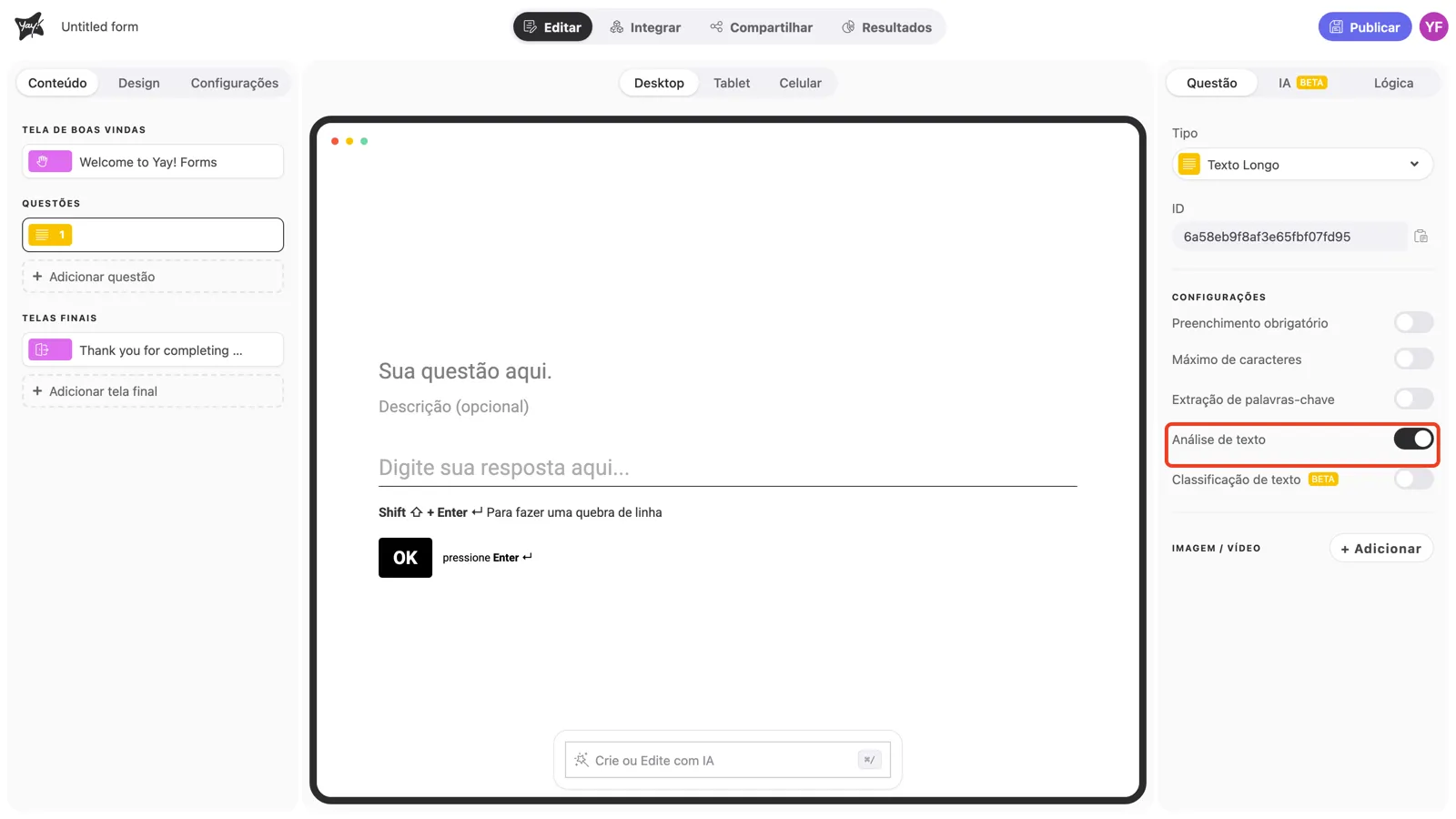 O toggle Análise de texto ativado nas configurações da pergunta