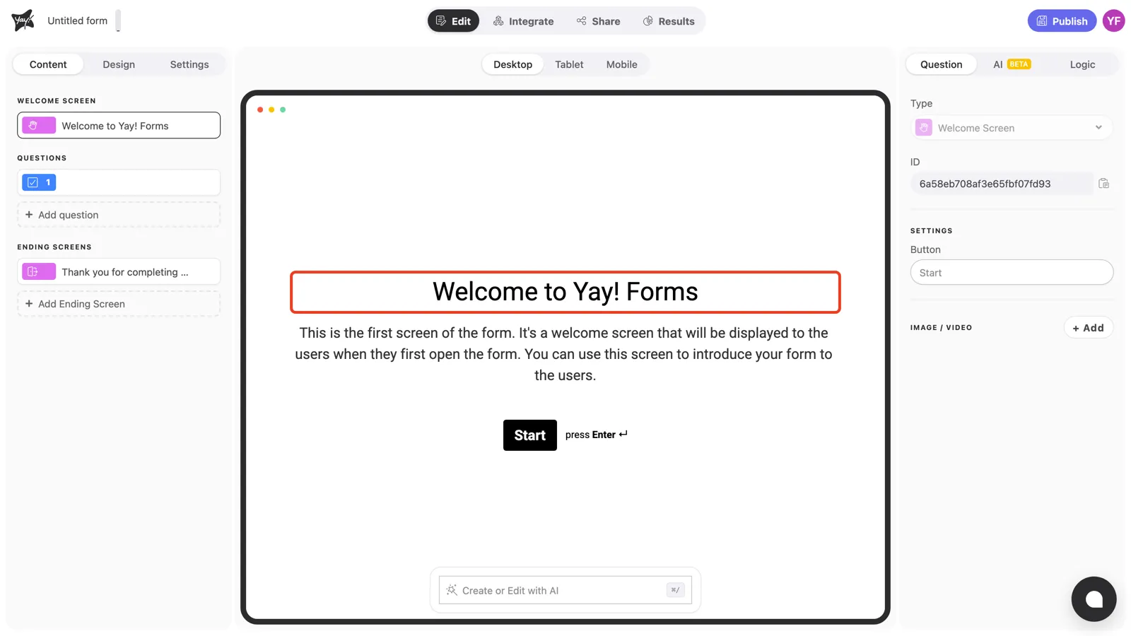 The welcome screen title highlighted in the canvas