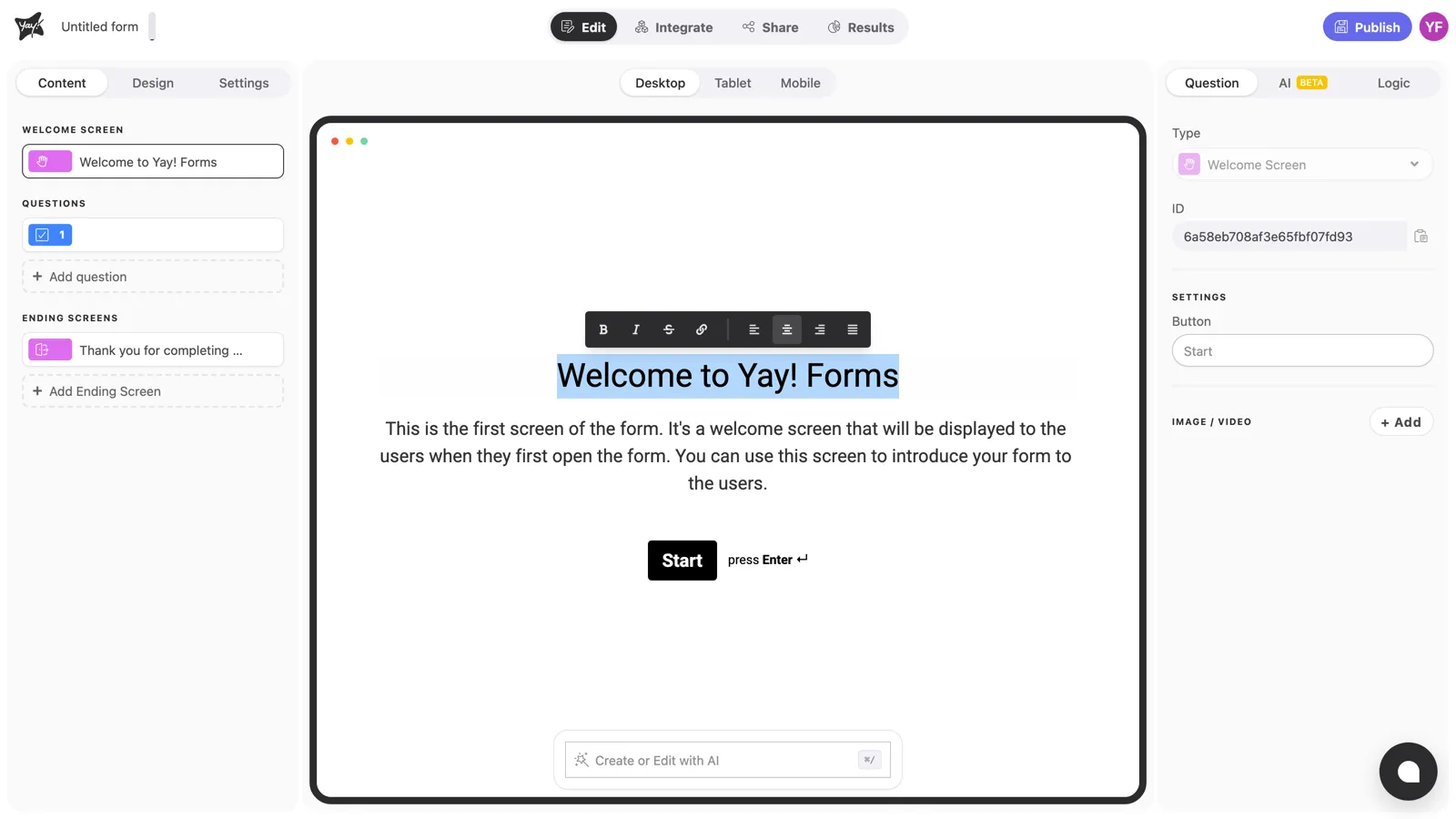 The formatting toolbar shown over selected welcome screen text