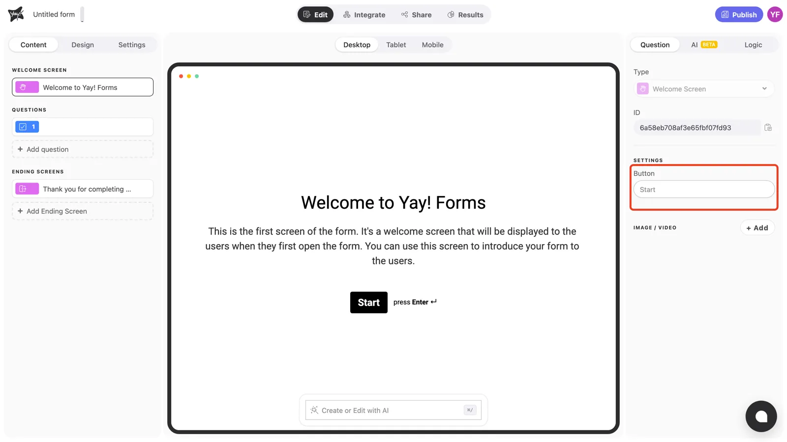The Button setting highlighted in the panel