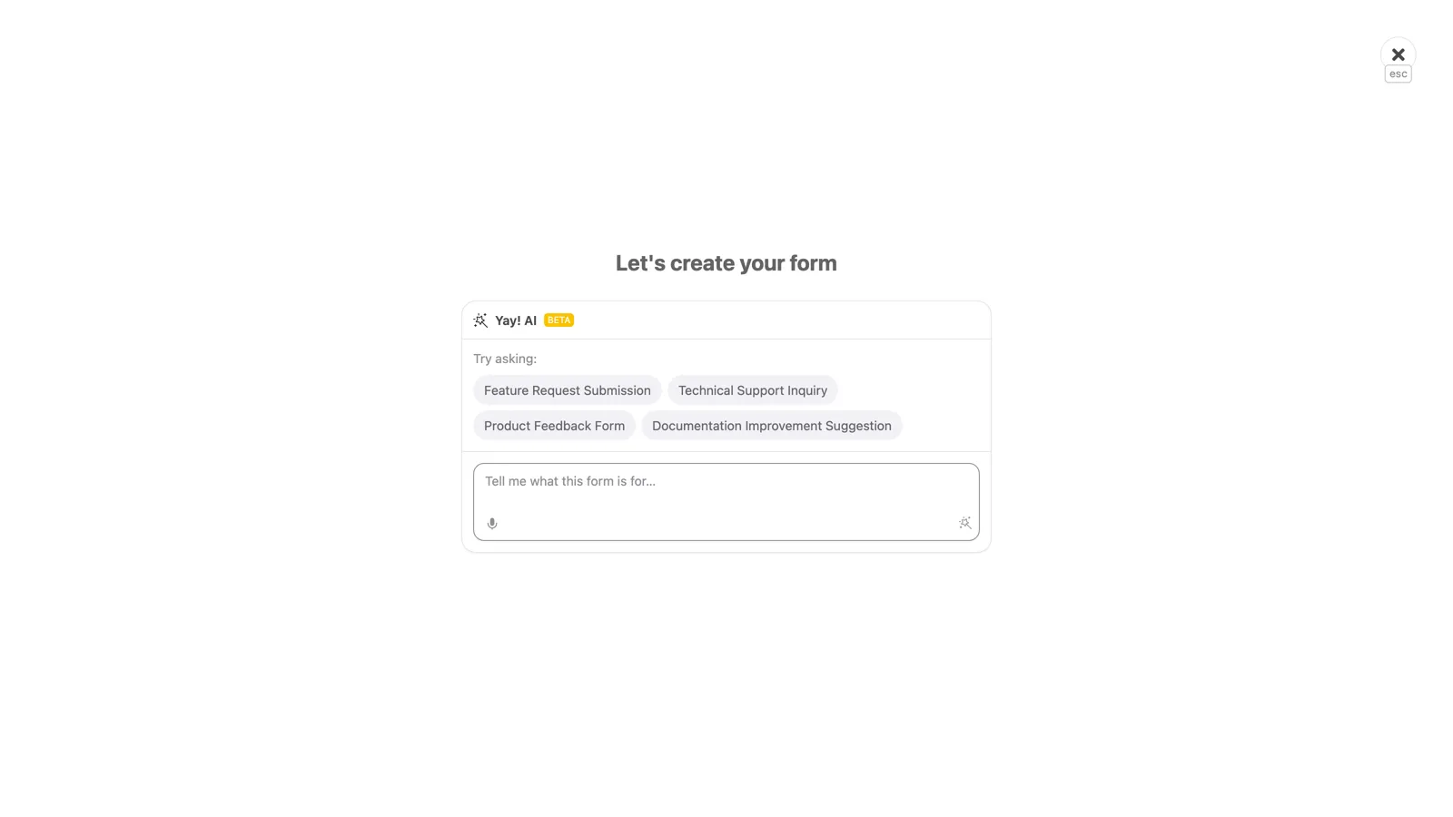 The Yay! AI screen for describing the form's purpose