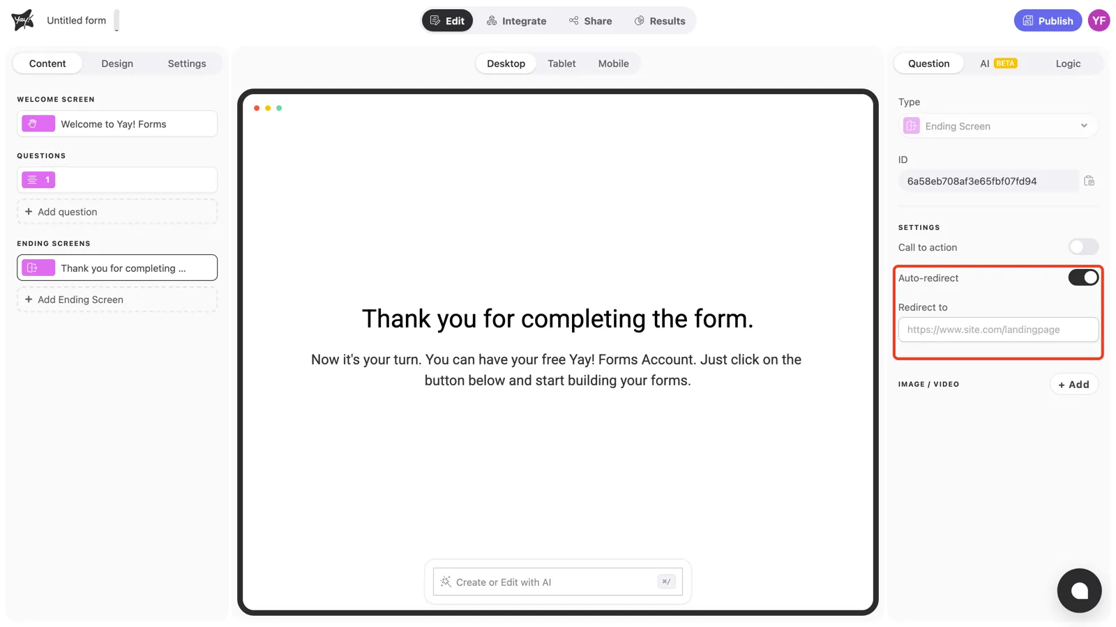 Auto-redirect on, with the Redirect to field revealed