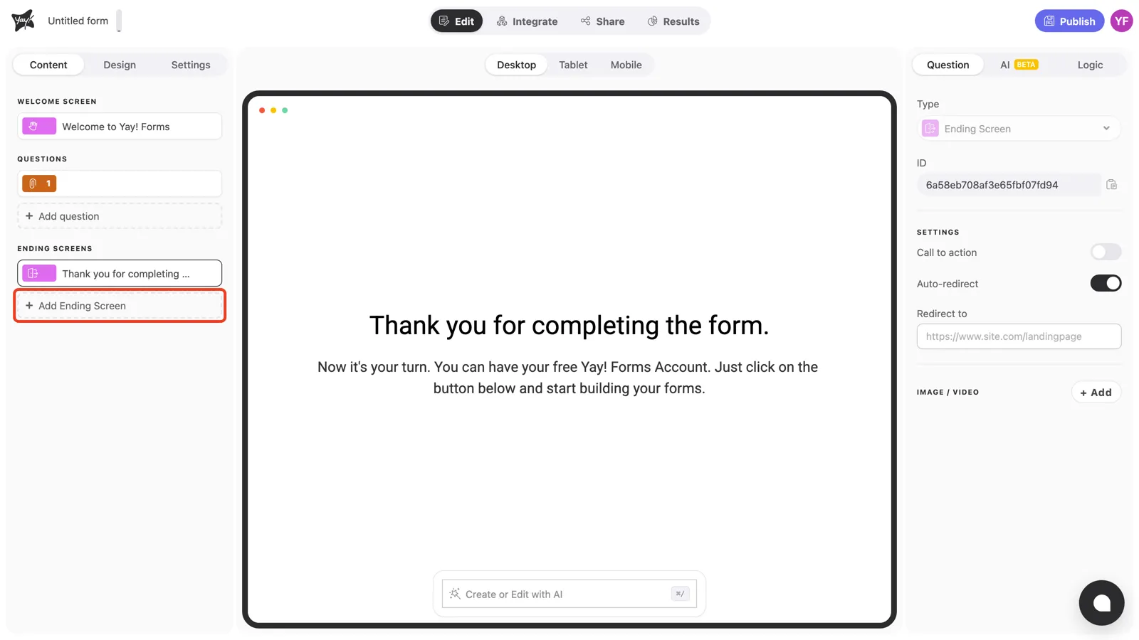 The Add Ending Screen button highlighted in the sidebar