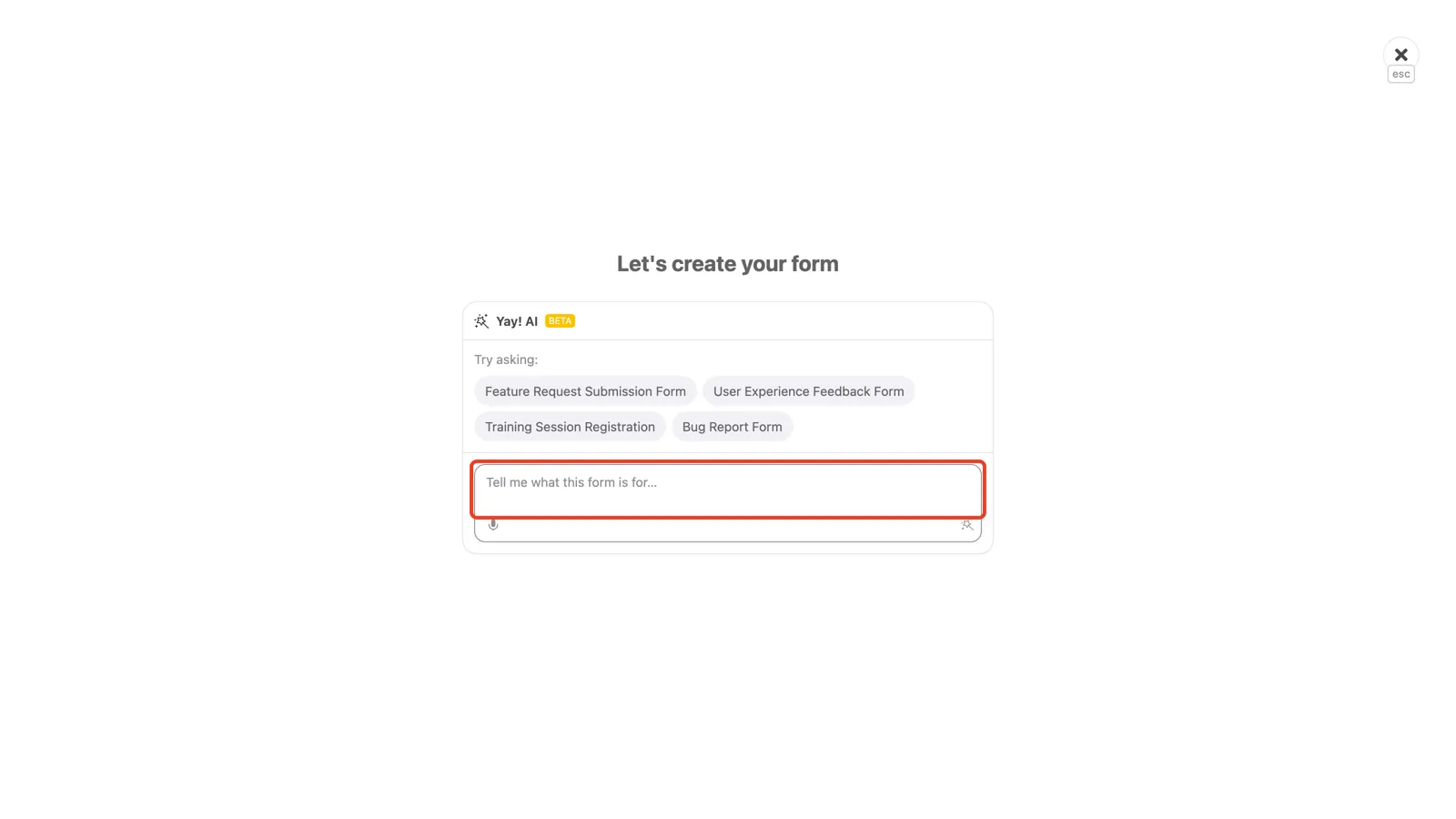 The Yay! AI screen for describing the form's purpose