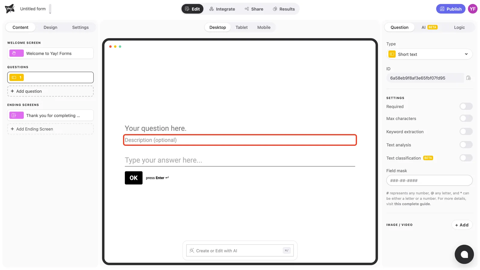 The optional description field highlighted in the canvas