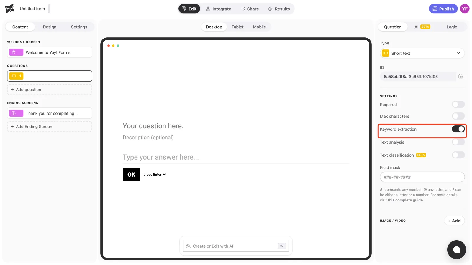 The Keyword extraction toggle on in the question settings