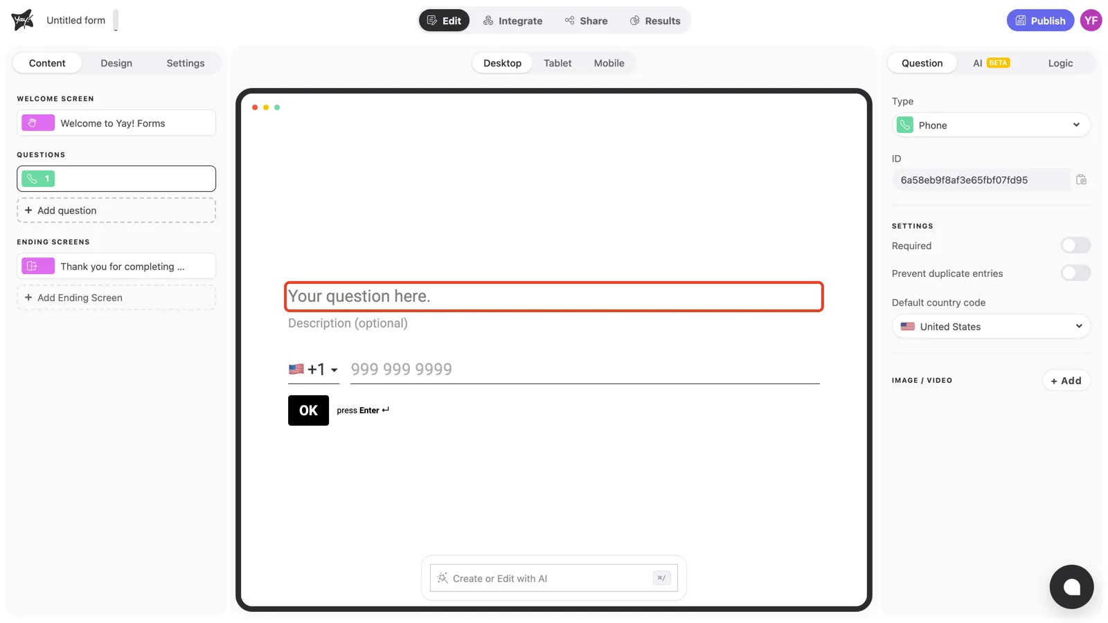 The question text field highlighted in the canvas
