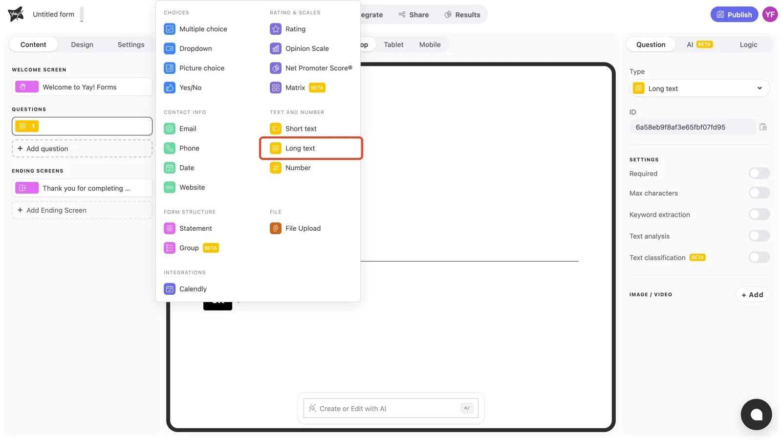 The question type menu with Long text highlighted