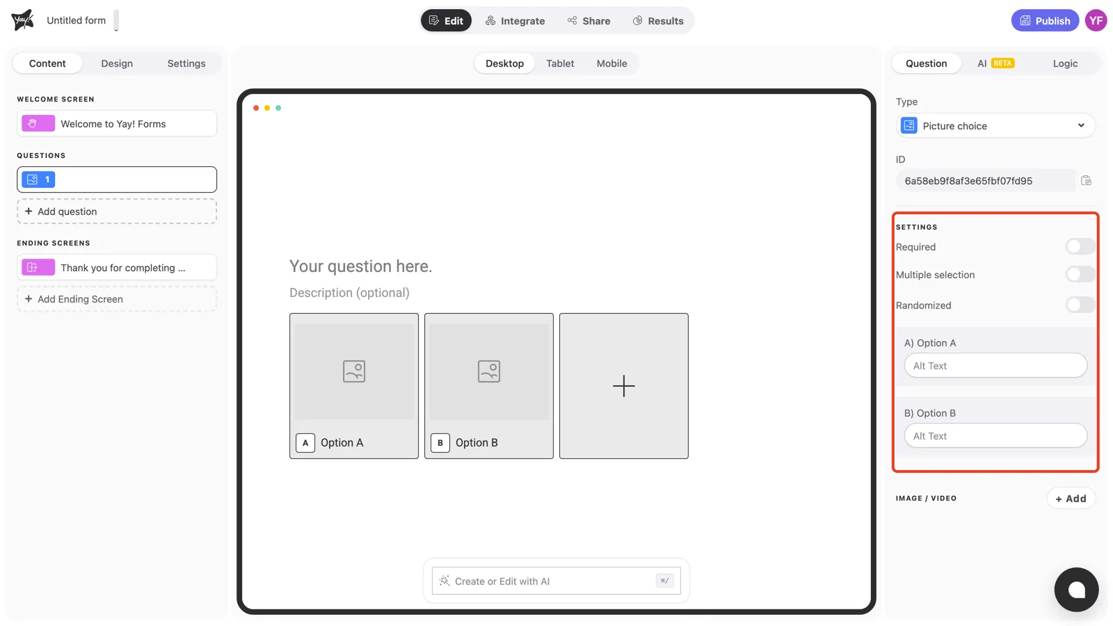 The Settings section of the question panel highlighted