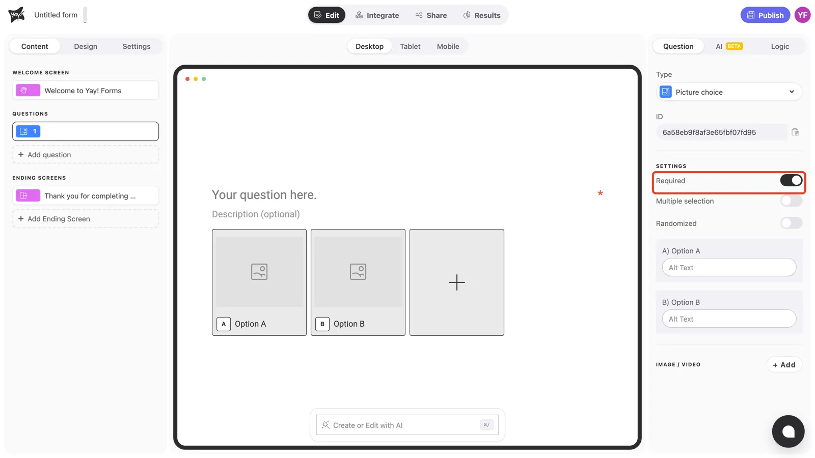 The Required toggle on in the question settings
