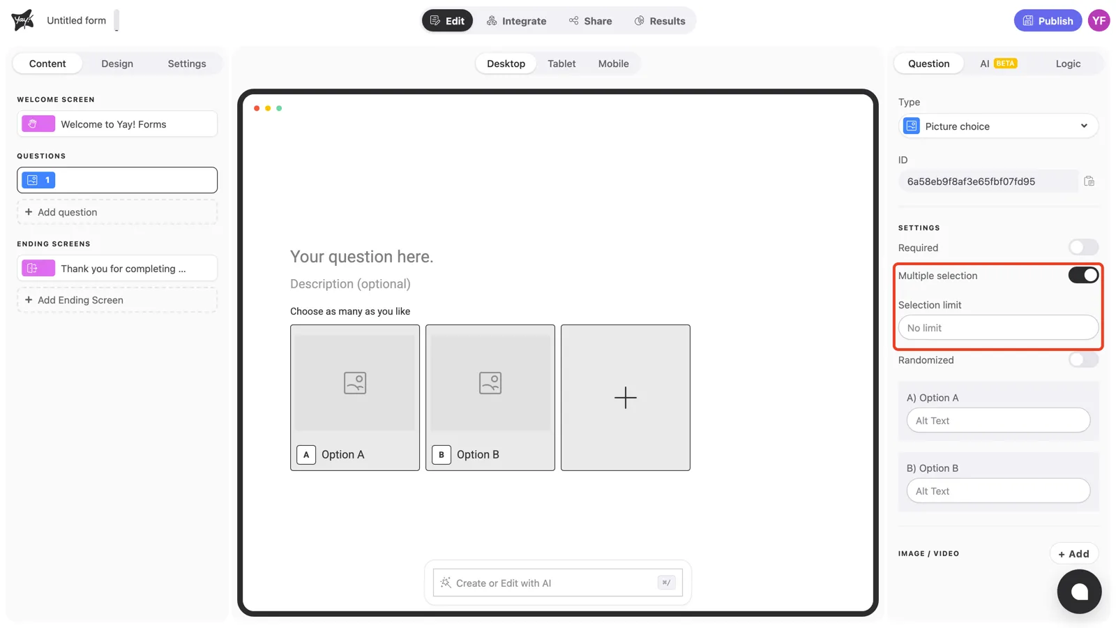 The Multiple selection toggle on, with the Selection limit field below it