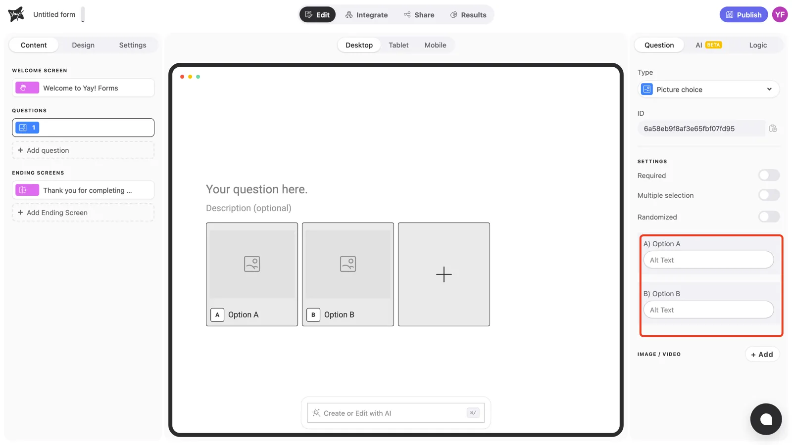 The option blocks with Alt Text fields highlighted in the panel