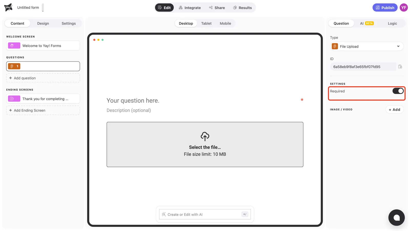 The Required toggle on in the question settings