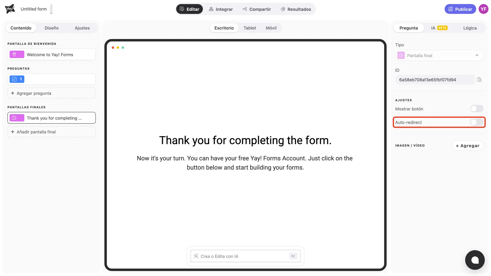El toggle Auto-redirect en los ajustes de la pantalla final