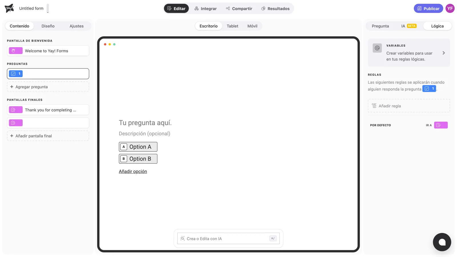 La pestaña Lógica con reglas y el destino predeterminado Ir a