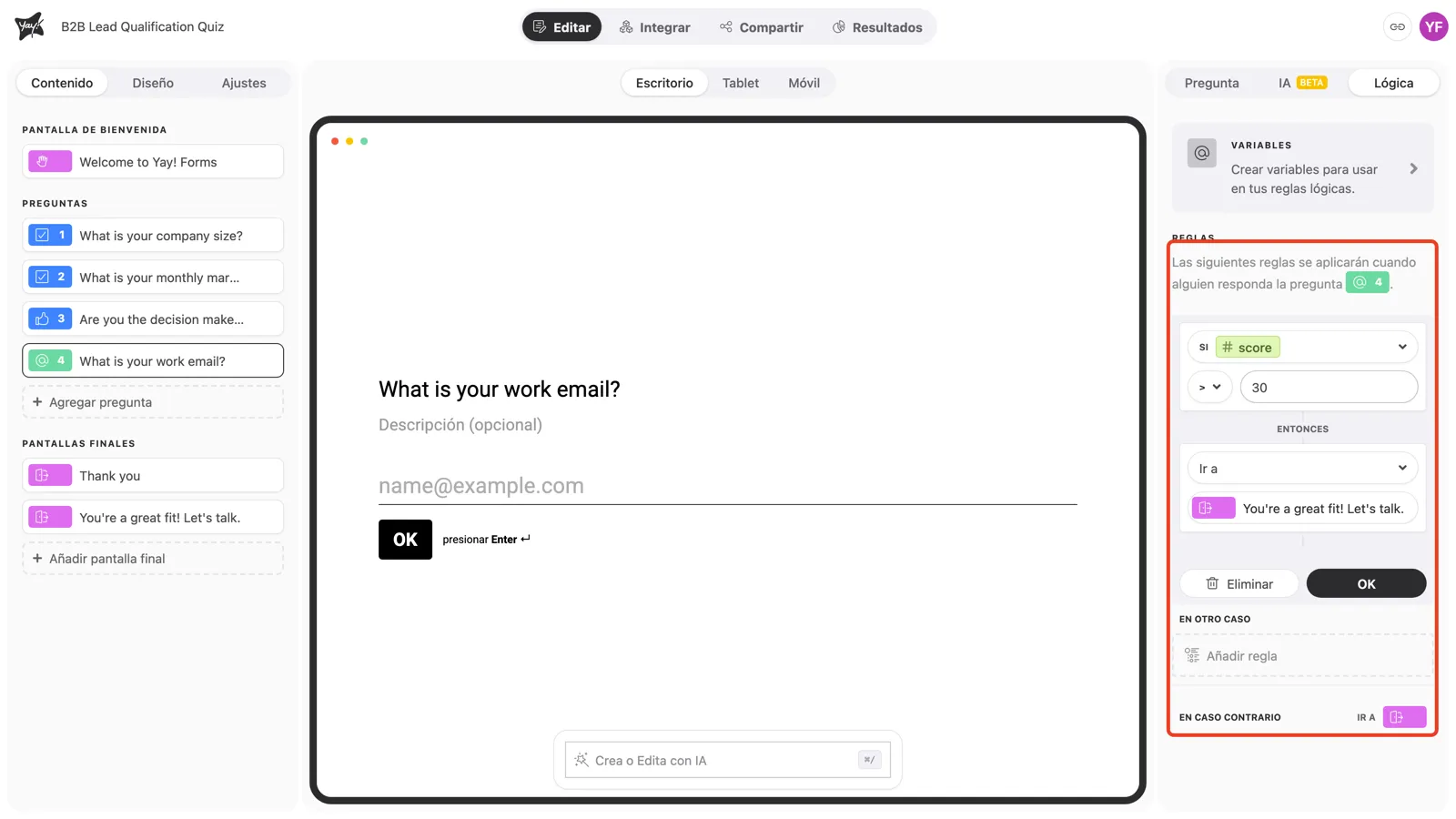 Regla en la pregunta de correo que dirige los puntajes mayores a 30 a la pantalla final de cualificados