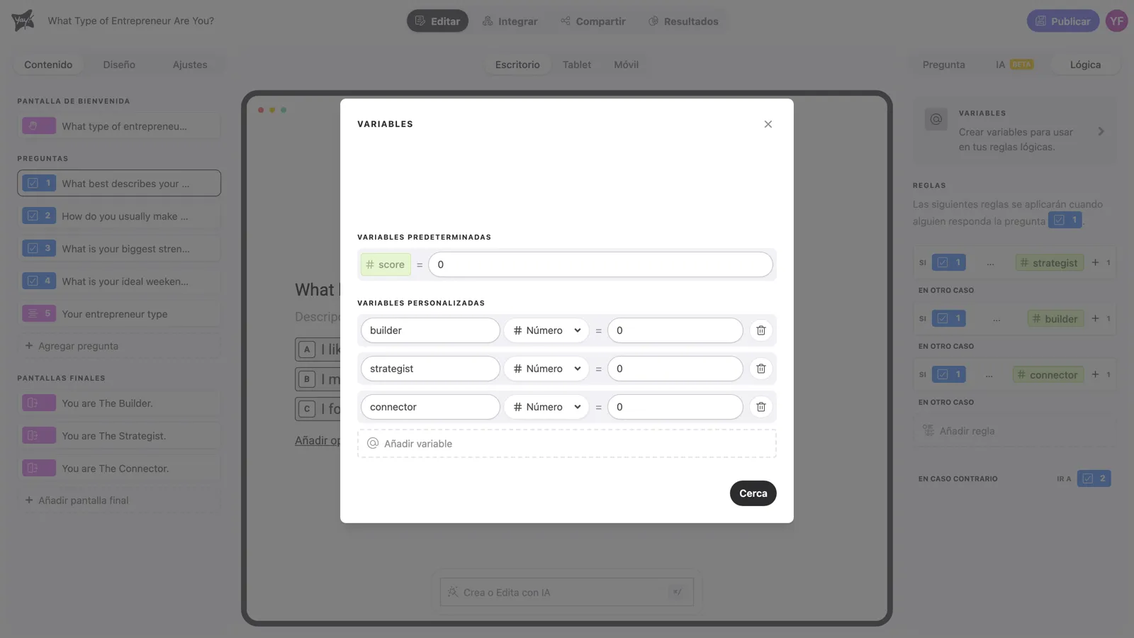 El gestor de variables, con la variable score por defecto y variables personalizadas