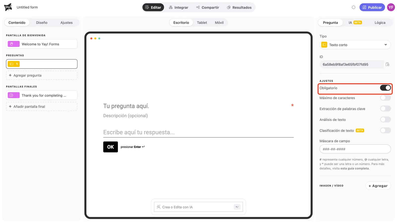 El toggle Obligatorio activado en la configuración de la pregunta