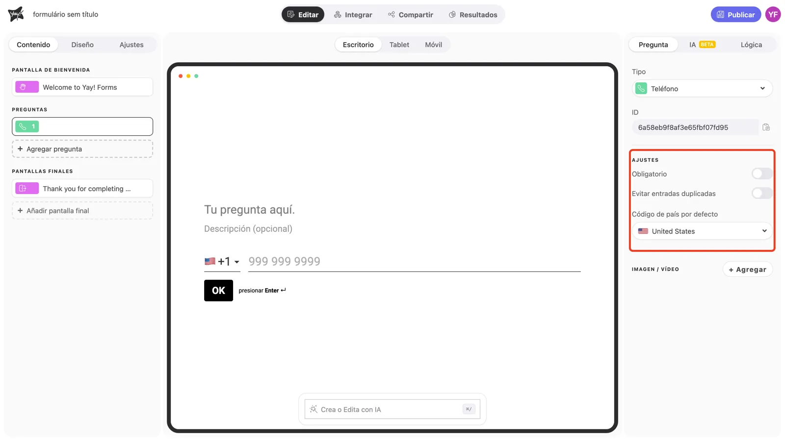 La sección Ajustes del panel de la pregunta resaltada