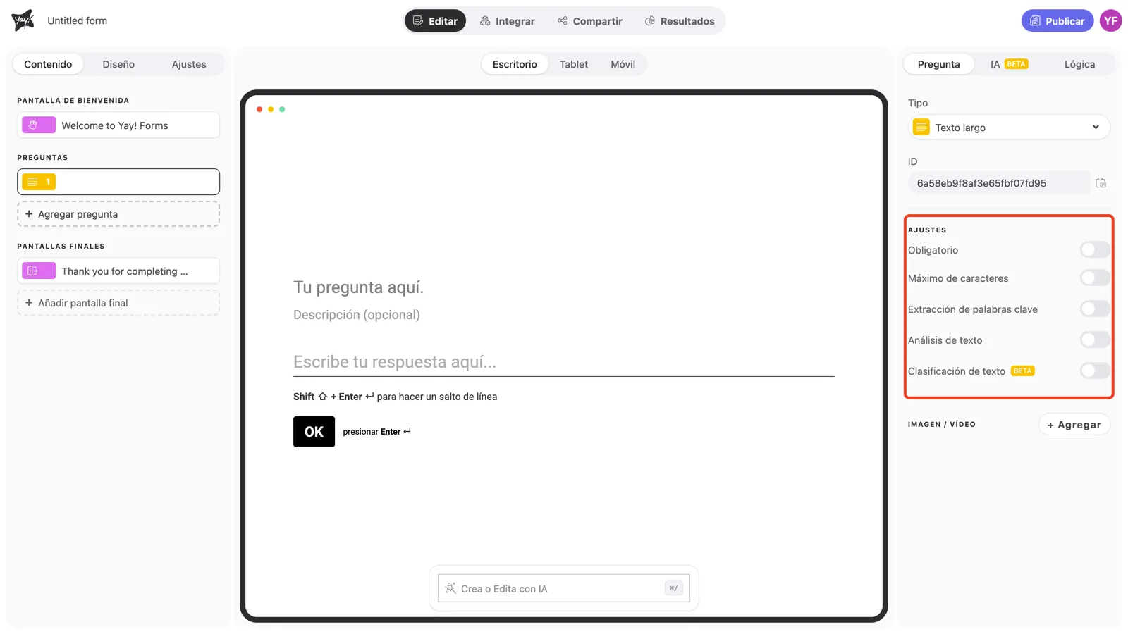 La sección Ajustes del panel de la pregunta resaltada