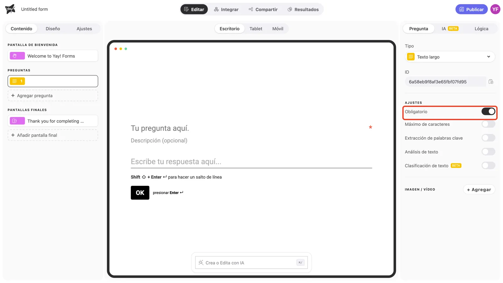 El toggle Obligatorio activado en la configuración de la pregunta