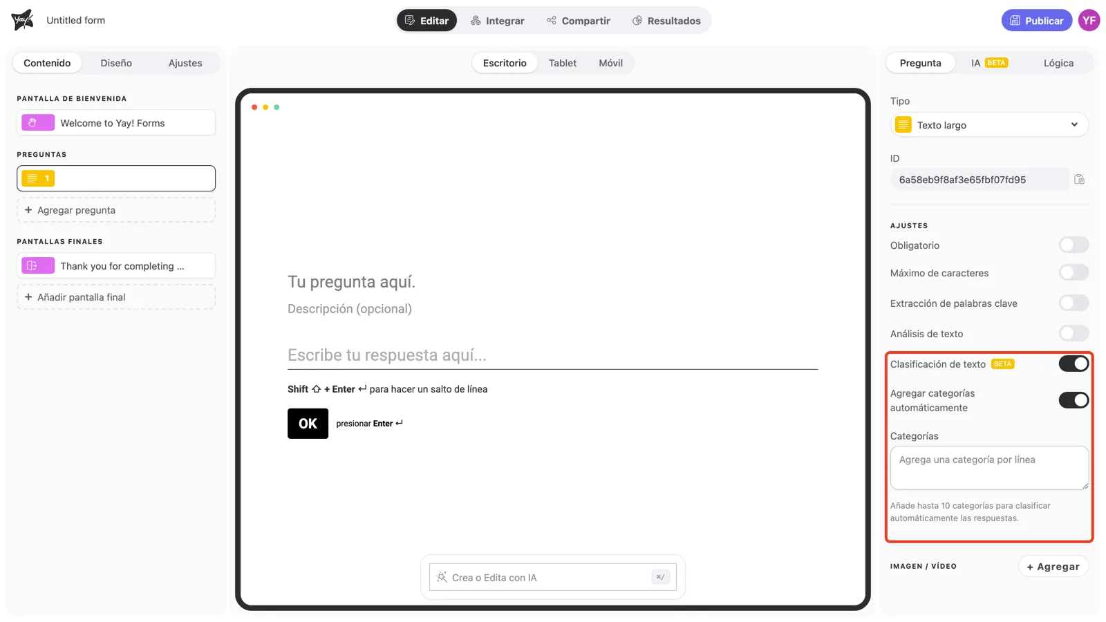 El toggle Clasificación de texto activado, con Agregar categorías automáticamente y el cuadro Categorías