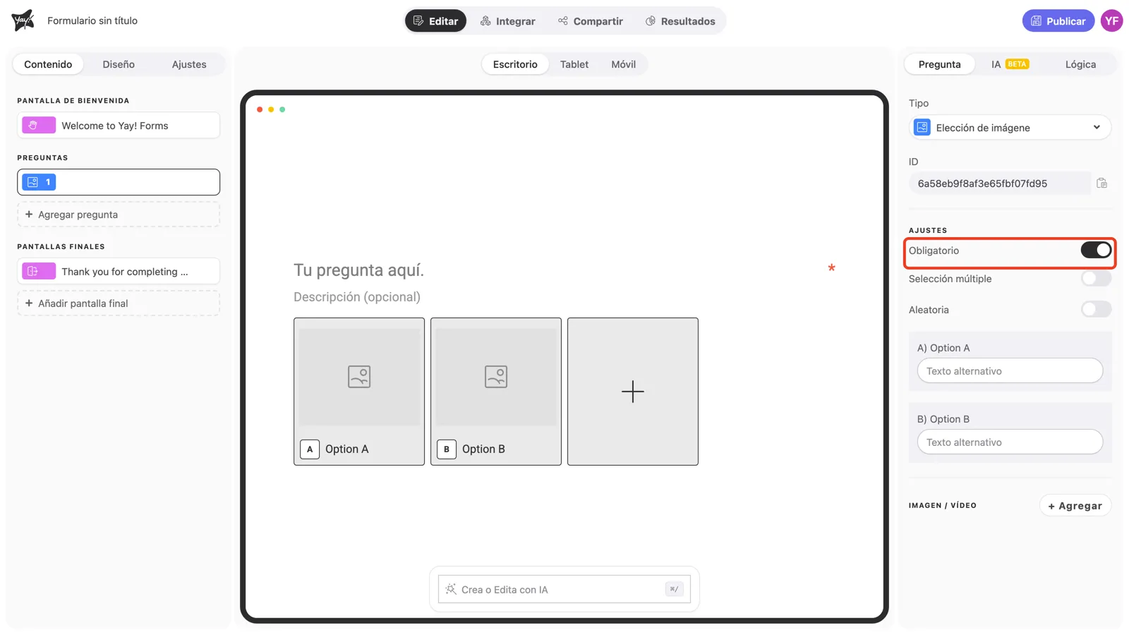 El toggle Obligatorio activado en la configuración de la pregunta