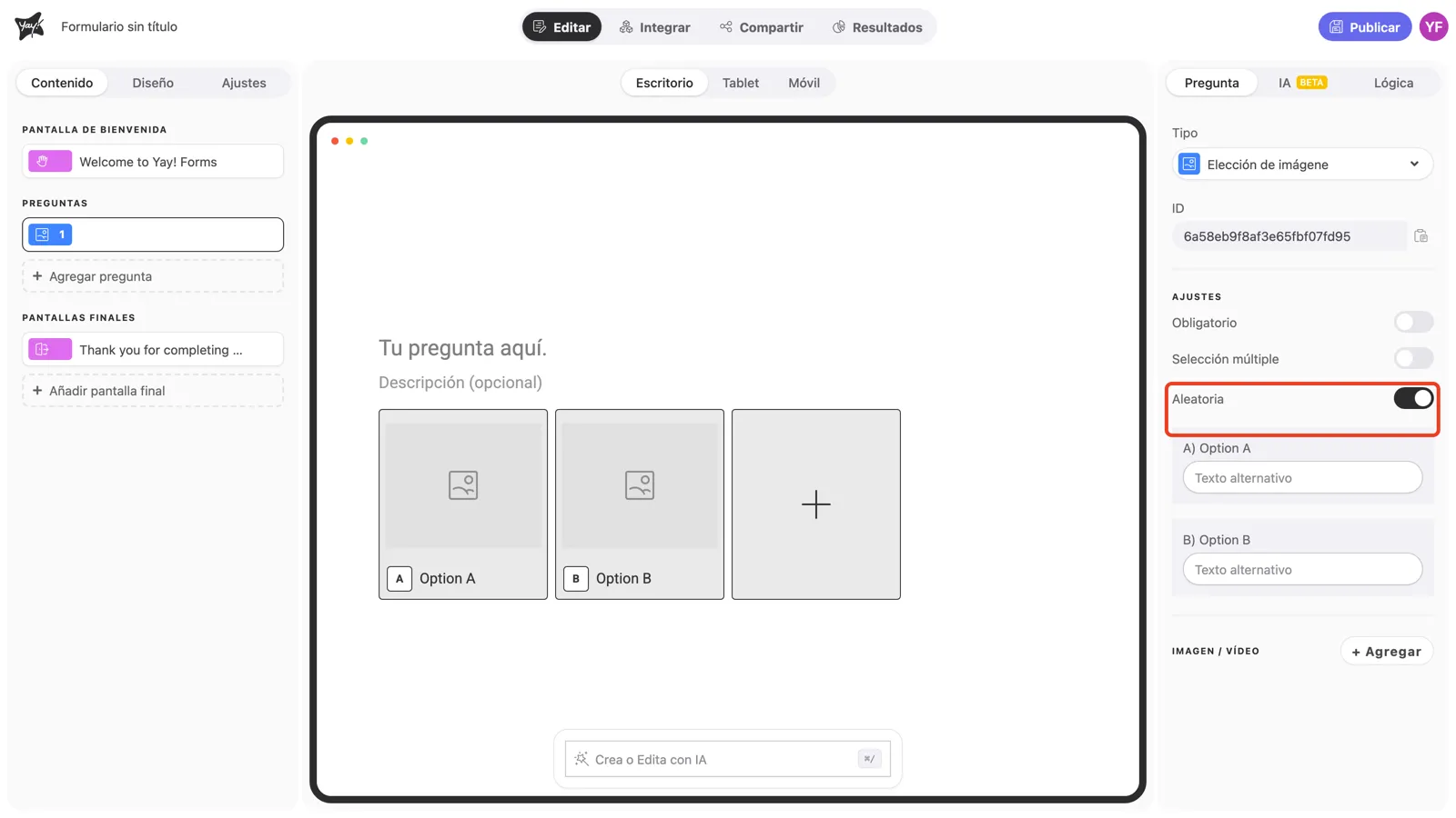 El toggle Aleatoria activado en la configuración de la pregunta
