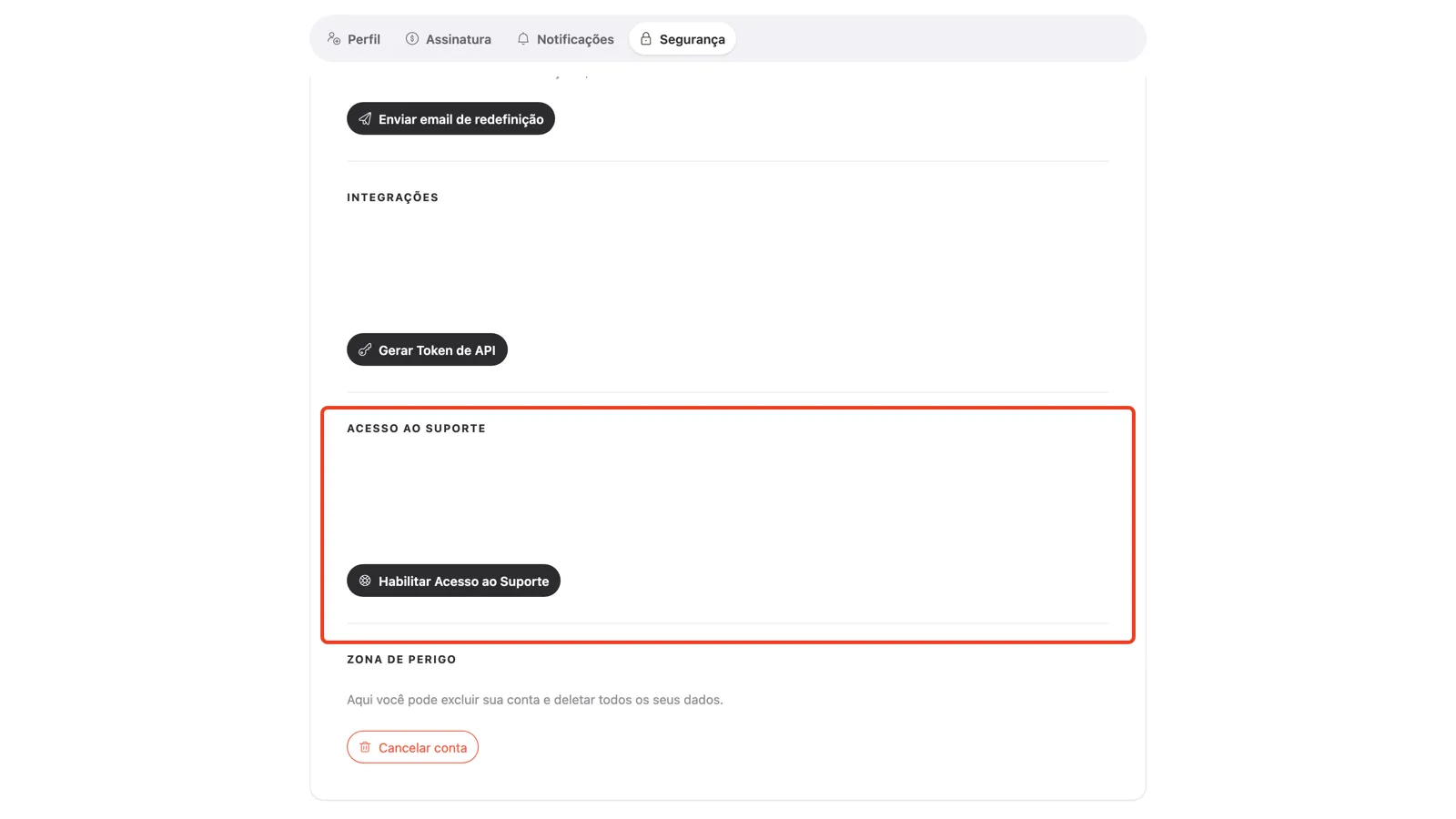 A seção Acesso ao Suporte na aba Segurança