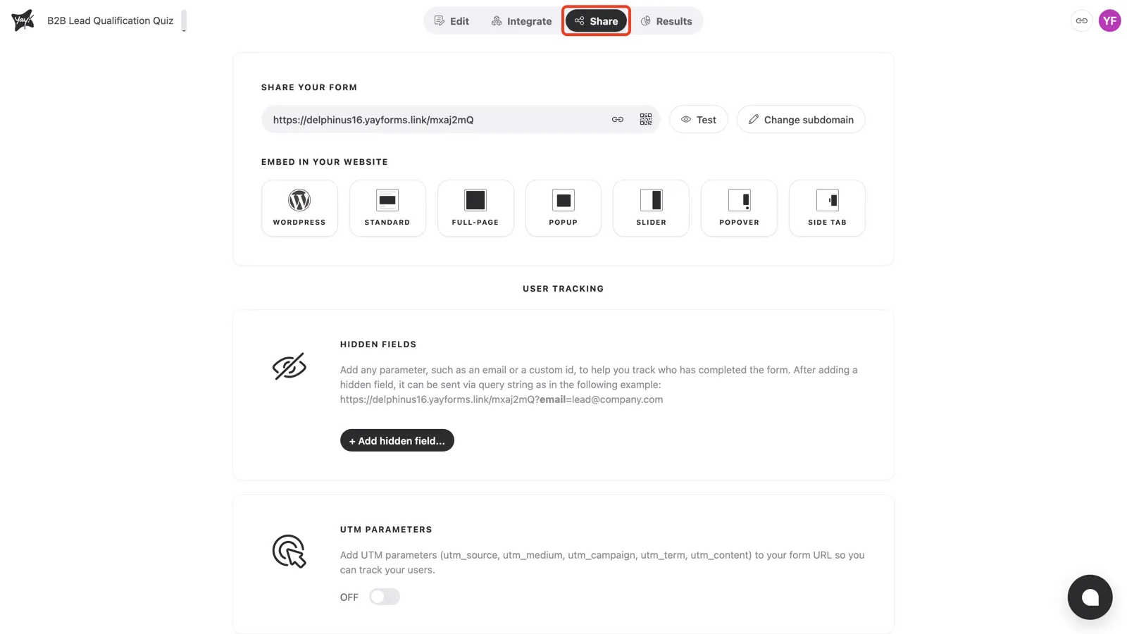 The Share tab of a form